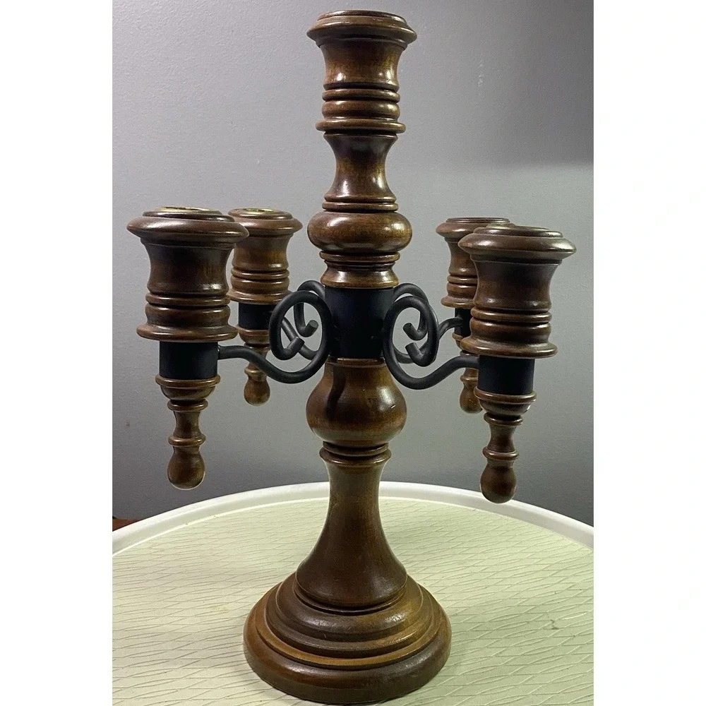 Vintage Wood&Black‎ Iron 5 Arm Candelabra CANDLE HOLDER Rustic Farmhouse 14